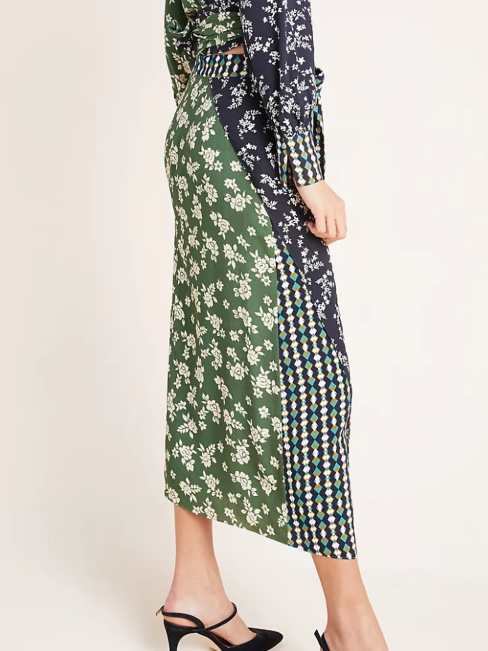 Anthropologie x Kachel Waverly Floral Mixed-Print Flowy Midi Skirt Faux Wrap